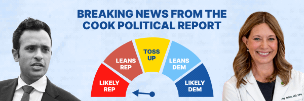A GIF reading 'BREAKING NEWS FROM THE COOK POLITICAL REPORT'. It includes a dial with an arrow moving from 'LIKELY REP' to 'TOSS UP'.